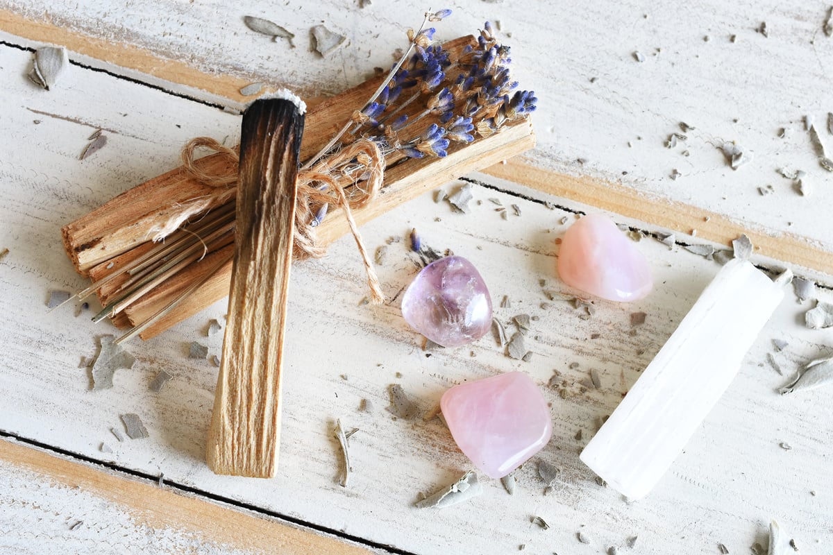 Palo Santo and Healing Crystals.